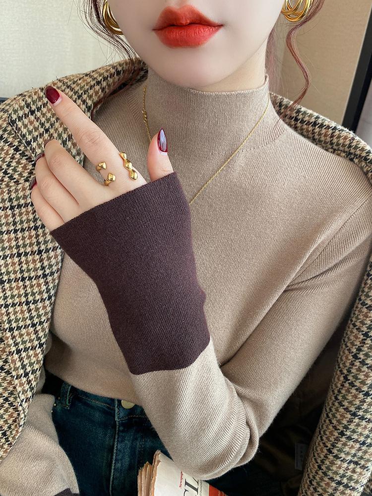 Elegant Semi Turtleneck Knitted Women's Bottom Sweater Fashion Autumn Winter Long Sleeve Casual Splice Tops Fashion Slim Fit Office Basic Clothing