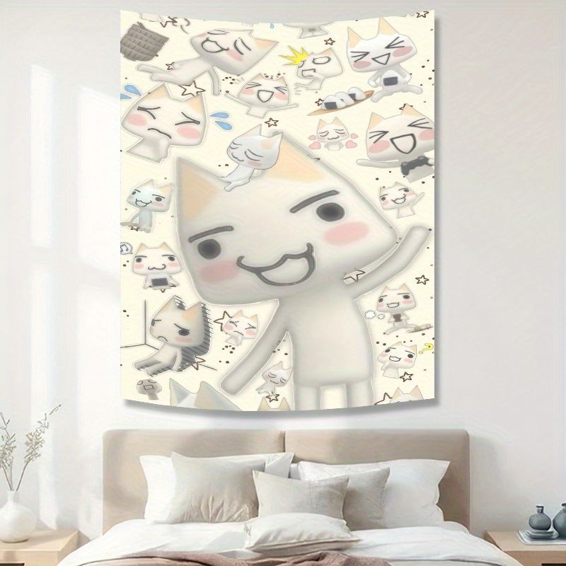 Cute Cat Tapestry, Kawaii Cartoon Wall Hanging, Soft Aesthetic Room Decor for Bedroom Dorm Living Room