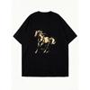 Oversized T Shirt Dress Black Golden Horse Print Casual Streetwear Fashion Statement Piece For Women Daily Wear And Outings