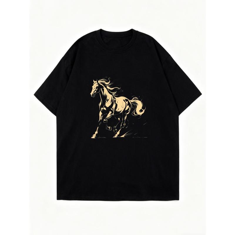Oversized T Shirt Dress Black Golden Horse Print Casual Streetwear Fashion Statement Piece For Women Daily Wear And Outings