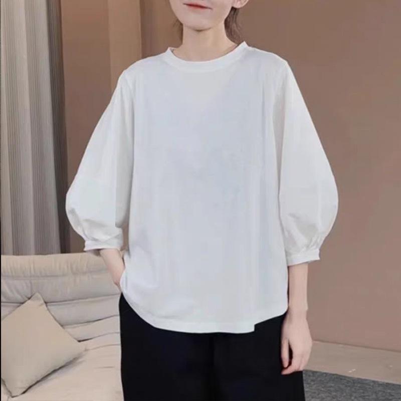 Women's Retro Lantern Sleeve T-Shirt - Hong Kong Style, Casual 3/4 Sleeve Top, Spring/Summer 2026 Collection
