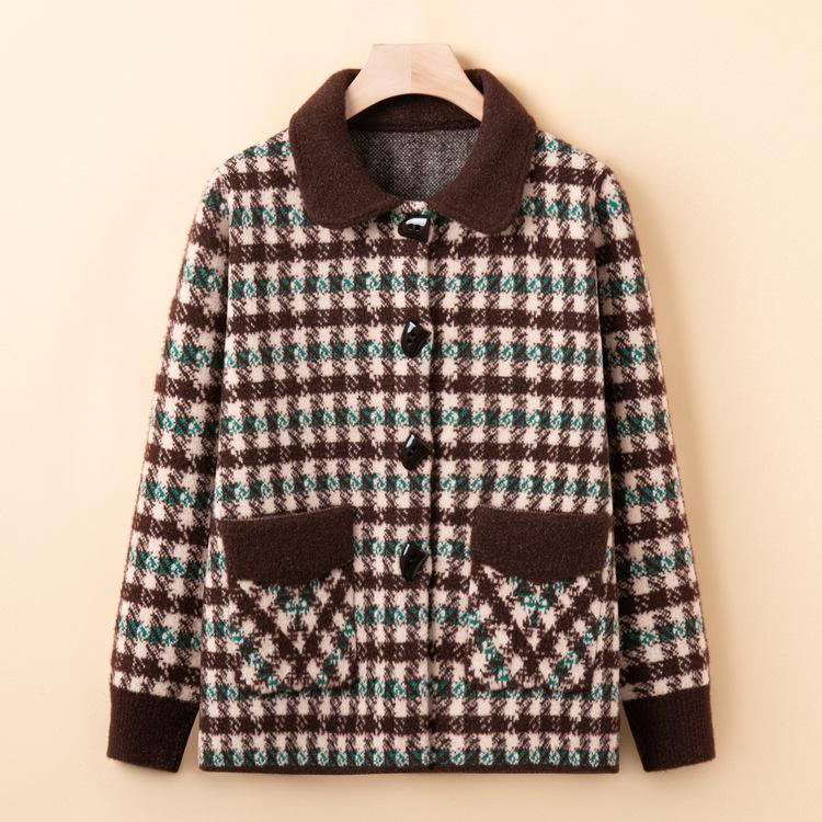 New Style Mother Sweater Jacket Middle-aged and Elderly Sweater Top Spring and Autumn Plaid Cardigan Lapel for Women