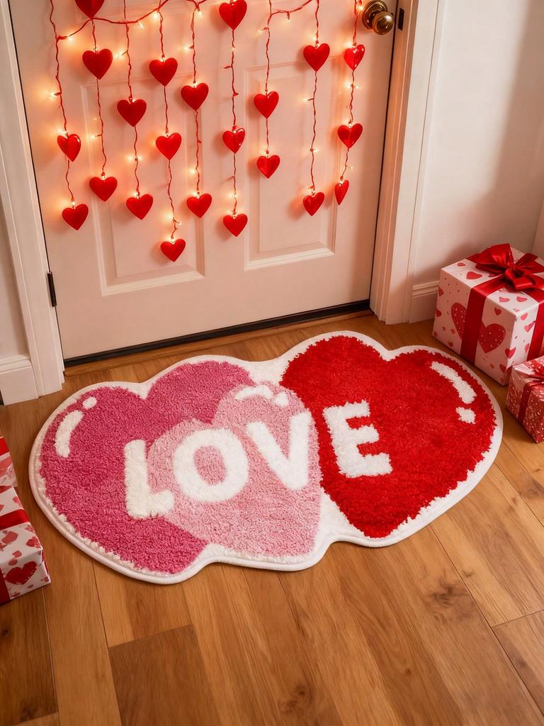 1PC Valentine's Day Heart-shaped Floor Mat - Soft, Anti-slip, with Red and Pink Heart-shaped Patterns and the Word "LOVE"