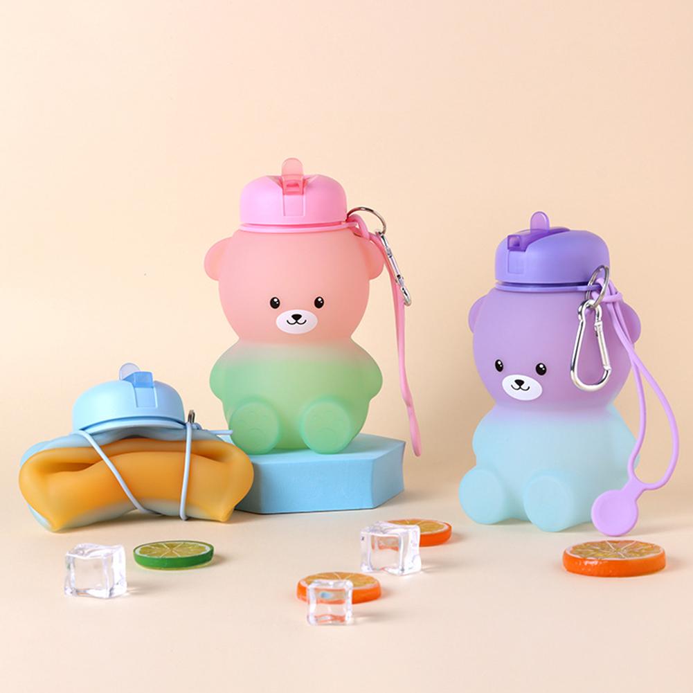 600ml Collapsible Water Bottle Silicone Cute Bear Water Bottle Large Capacity Foldable Drinking Cup for School Sports Hiking