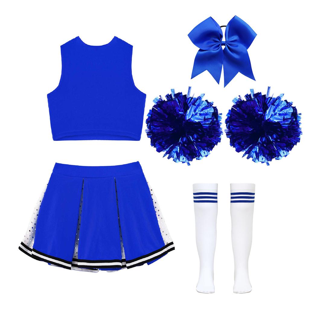 Set Cheerleader Scintillante per Bambine Top Corto a V a Righe Incrociate Gonna Pieghettata e Fiocco