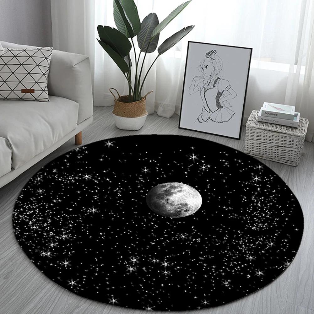 

Black Starry Sky Round Carpet Modern Living Room Bedroom Study Floor Mat Star and Moon Illustration Beautiful Room Floor Decor Diameter 60cm
