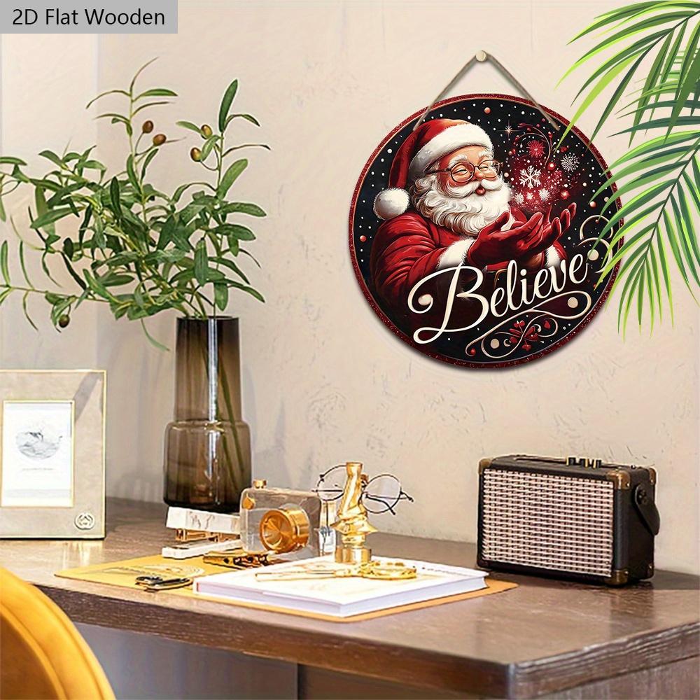 Believe Wooden Christmas Sign with Santa Claus Pattern - Navidad Round Sign for Front Door, Wall Hanging Decor - Ideal Christmas Ornament