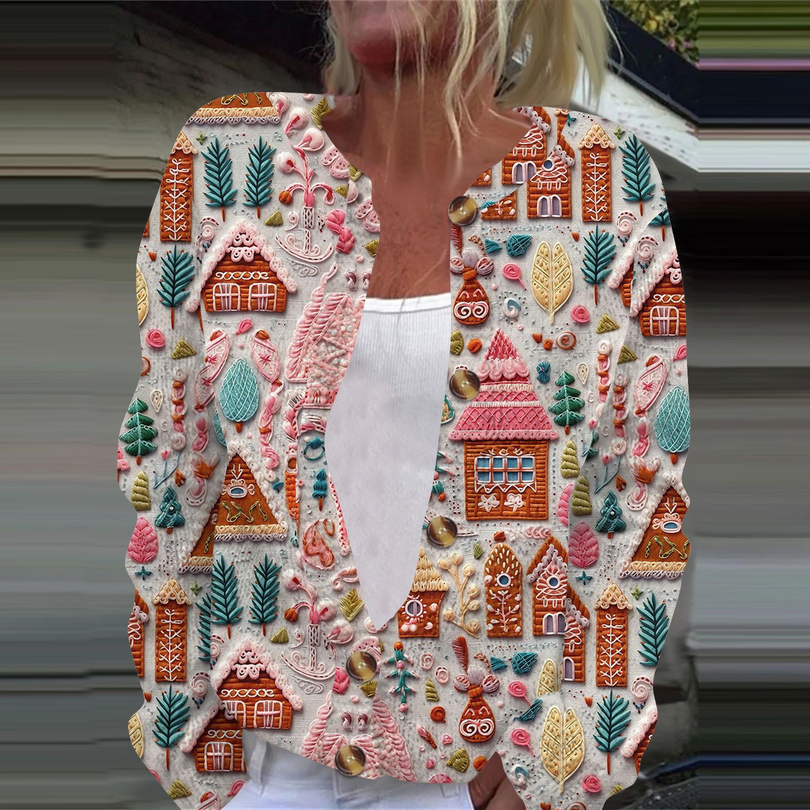 

Женская мода рождественский принт длинный рукав вязаный кардиган пуховик XXXL