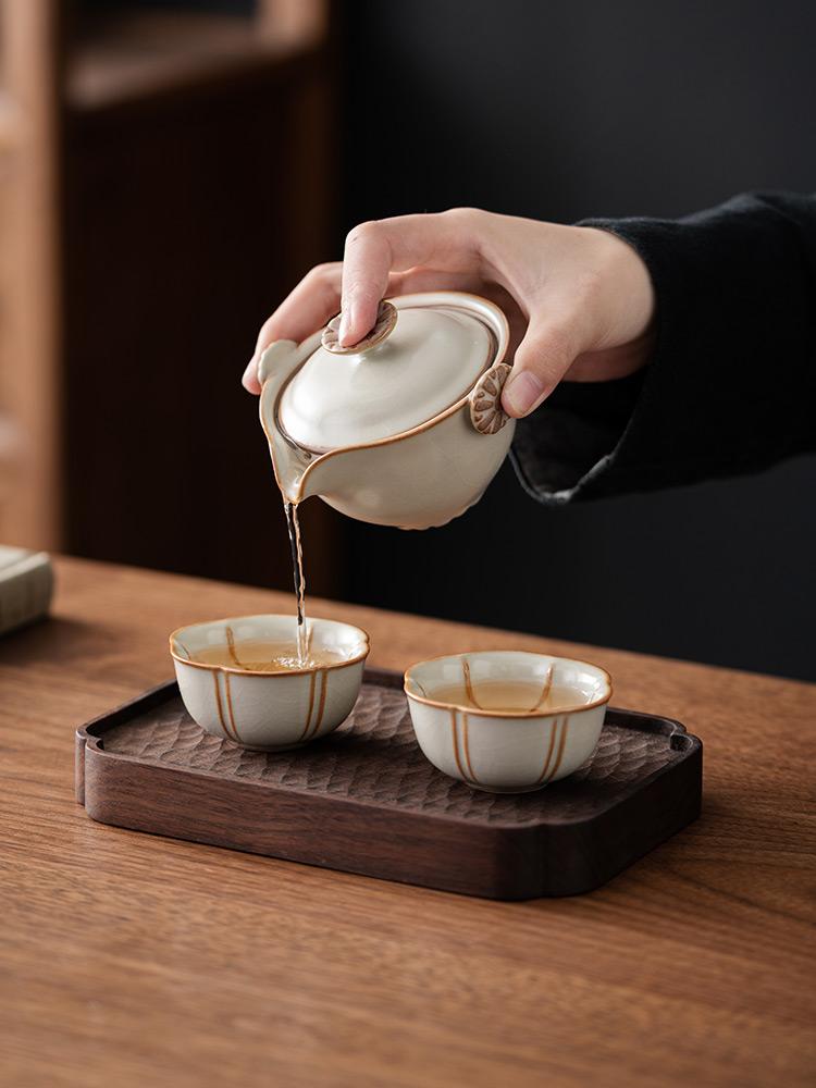 Ru Kiln Travel Teaware, Household Creative A Pot of Three Cups, Outdoor Camping Portable Travel Simplicity Ceramic Tea Quick Cup