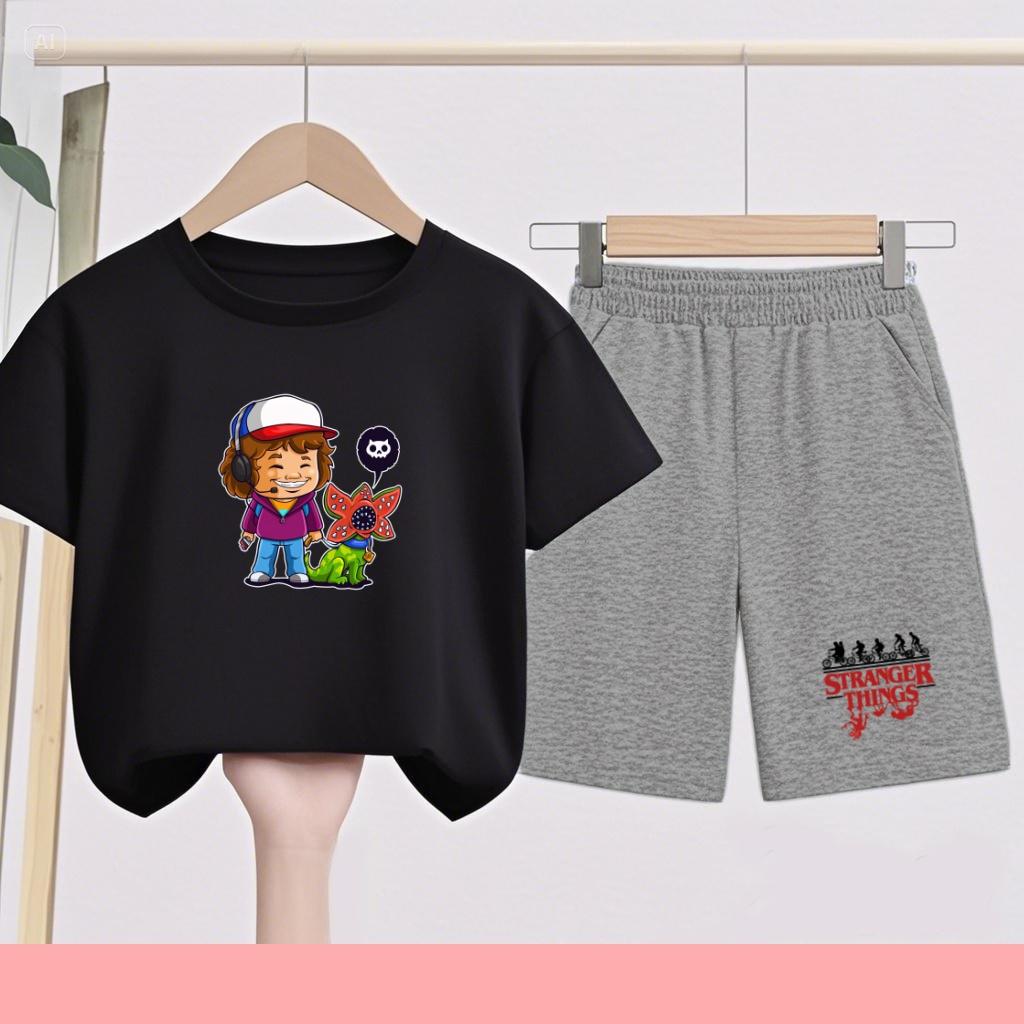 Children's Summer Set with Cartoon Monster Patterns - Boys' and Girls' Sports T-shirts and Casual Short-sleeved Shorts Sets