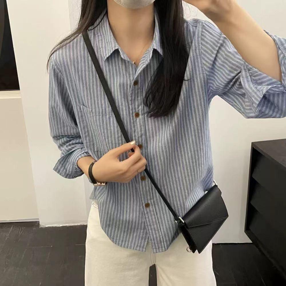 Petite Stripe Versatile 2025 Slimming Retro Long Sleeve Casual Shirt for Spring/Autumn