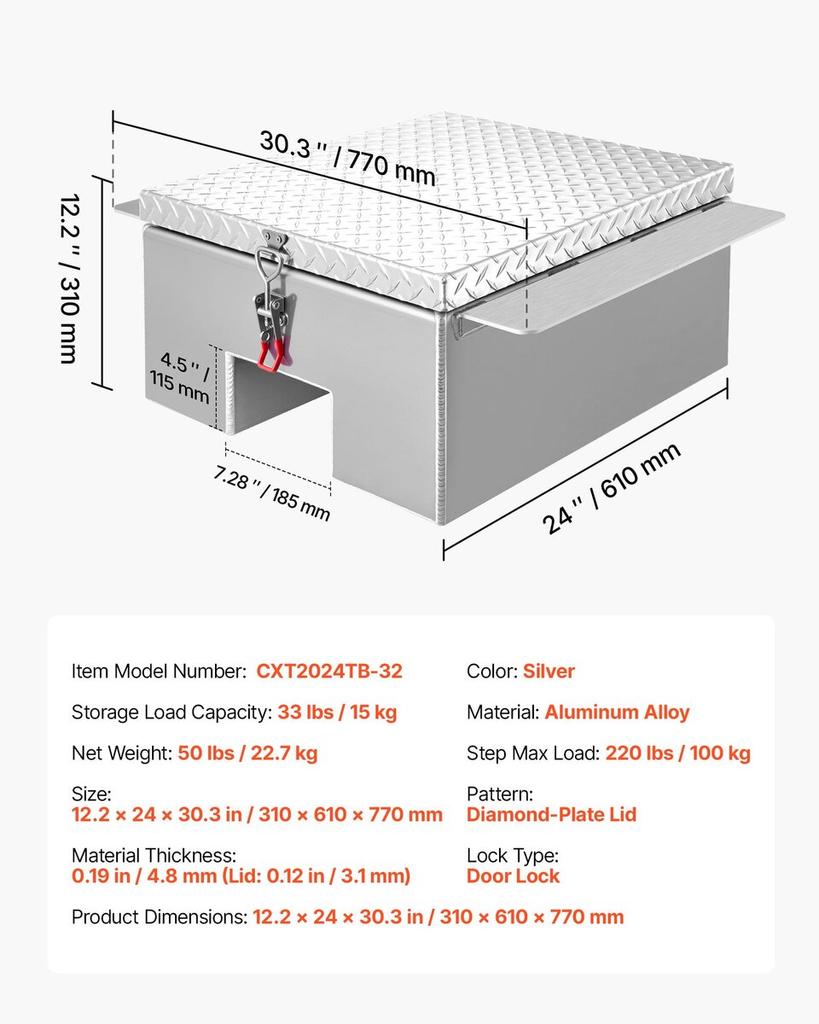 Truck Bed Tool Box, Heavy Duty Aluminum Tool Box with Diamond Plate, Storage Toolbox Chest Organizer Supports up to 100 kg, Ideal for Pickup, Truck