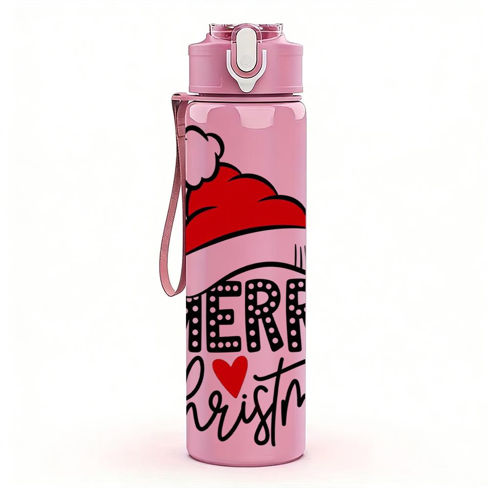 1PC Merry Christmas Santa Hat Graphic,750ml Color Plastic Sports Water Bottle,Leakproof Flip Straw Lid,Suitable for Sports Office Home Use