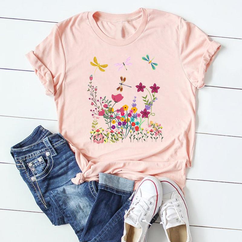 (Asian Size) Dragonfly Dandelion Plant Short Sleeve Women Print Tee Top Summer Fashion Tshirt  Lady Female Clothing Casual Graphic T-shirt