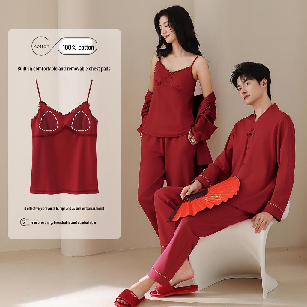 Three-Piece Red Wedding Pajama Set: Pure Cotton, Chest Pads, Zodiac Theme, for Couples, Spring/Autumn Home Wear