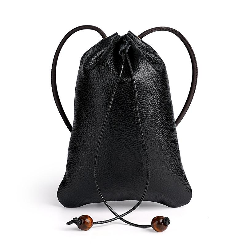 New Genuine Leather Drawstring Shoulder Bag with Earphone and Cable Storage - Korean Style Cowhide Messenger Bag