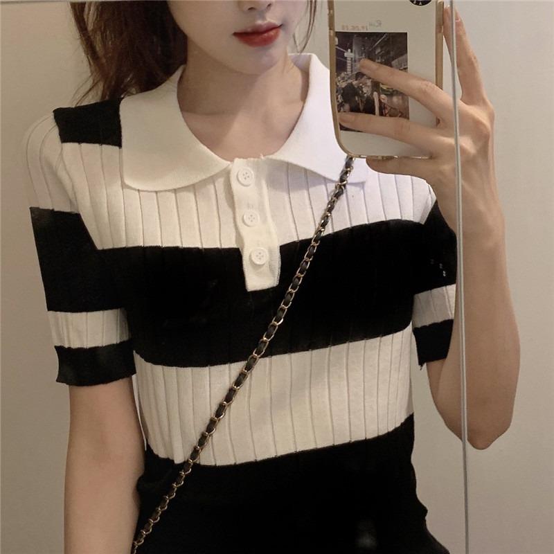 

Super hot retro foreign style student versatile lapel short sleeve contrast striped short polo shirt knitted T-shirt top woman One size fits all чёрный