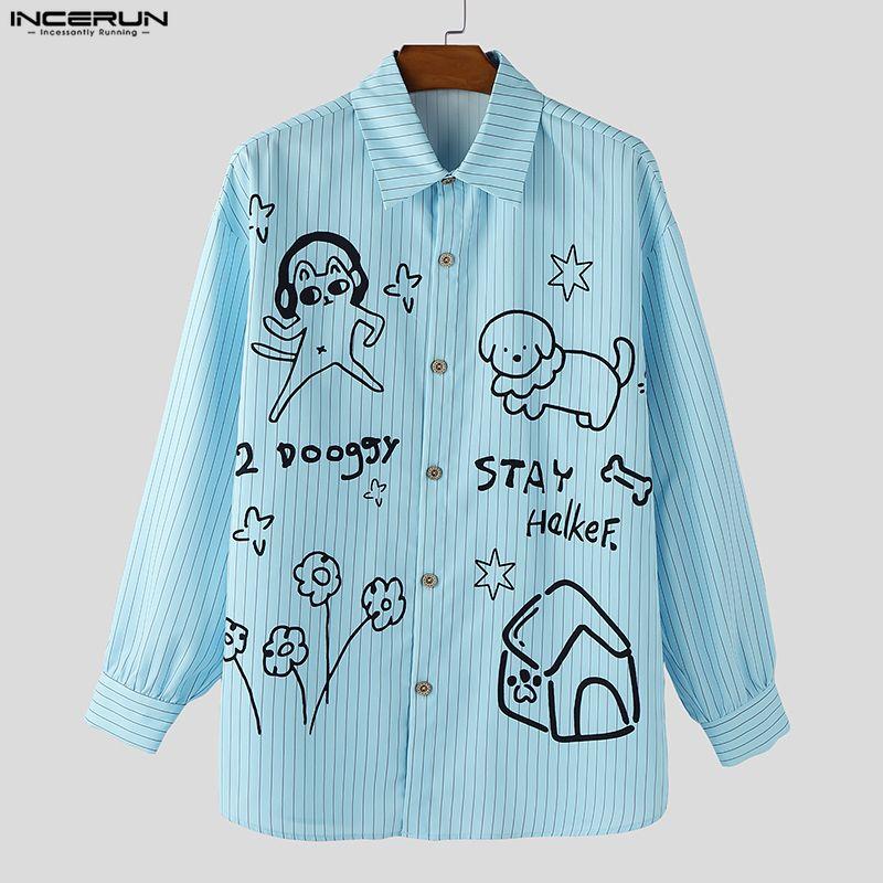 INCERUN S-5XL Men Lapel Neck Long Sleeve Cute Print Casual Loose Oversized Tops Shirts