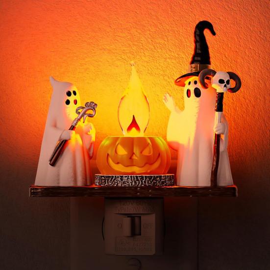 Halloween Ghost Night Light Plug-in Flickering Ghost Campfire Wall Light Wizard Ghost Nightlight for Kids Gift Halloween Party Decoration