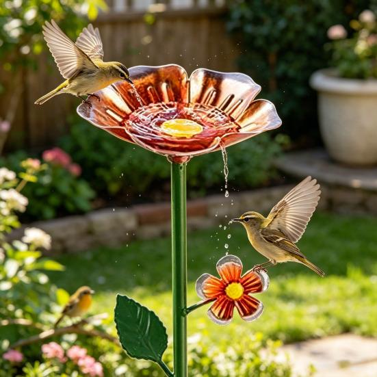 Metal Flower Garden Stake Bee Watering Station Outdoor Bird Bath Butterfly Water Feeder with Stake for Garden Pollinators Birds Yard Patio Decor