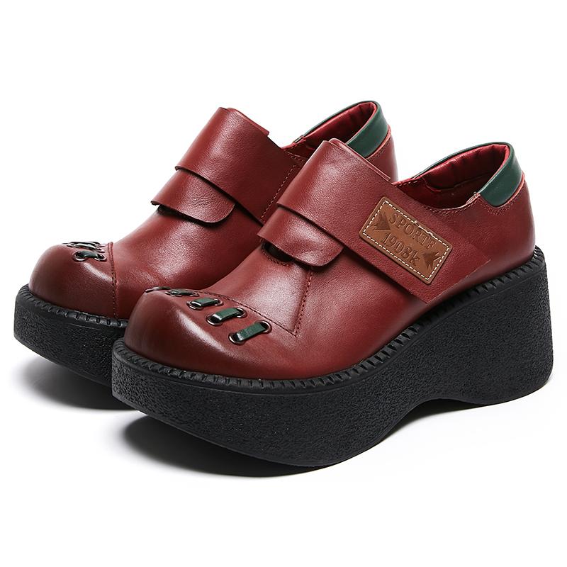 Fashion GKTINOO Retro Flat Platform Women Wedges Shoes Luxury 6cm Platform Shoes Thick Heels Genuine Leather Casual Hook & Loop Pumps