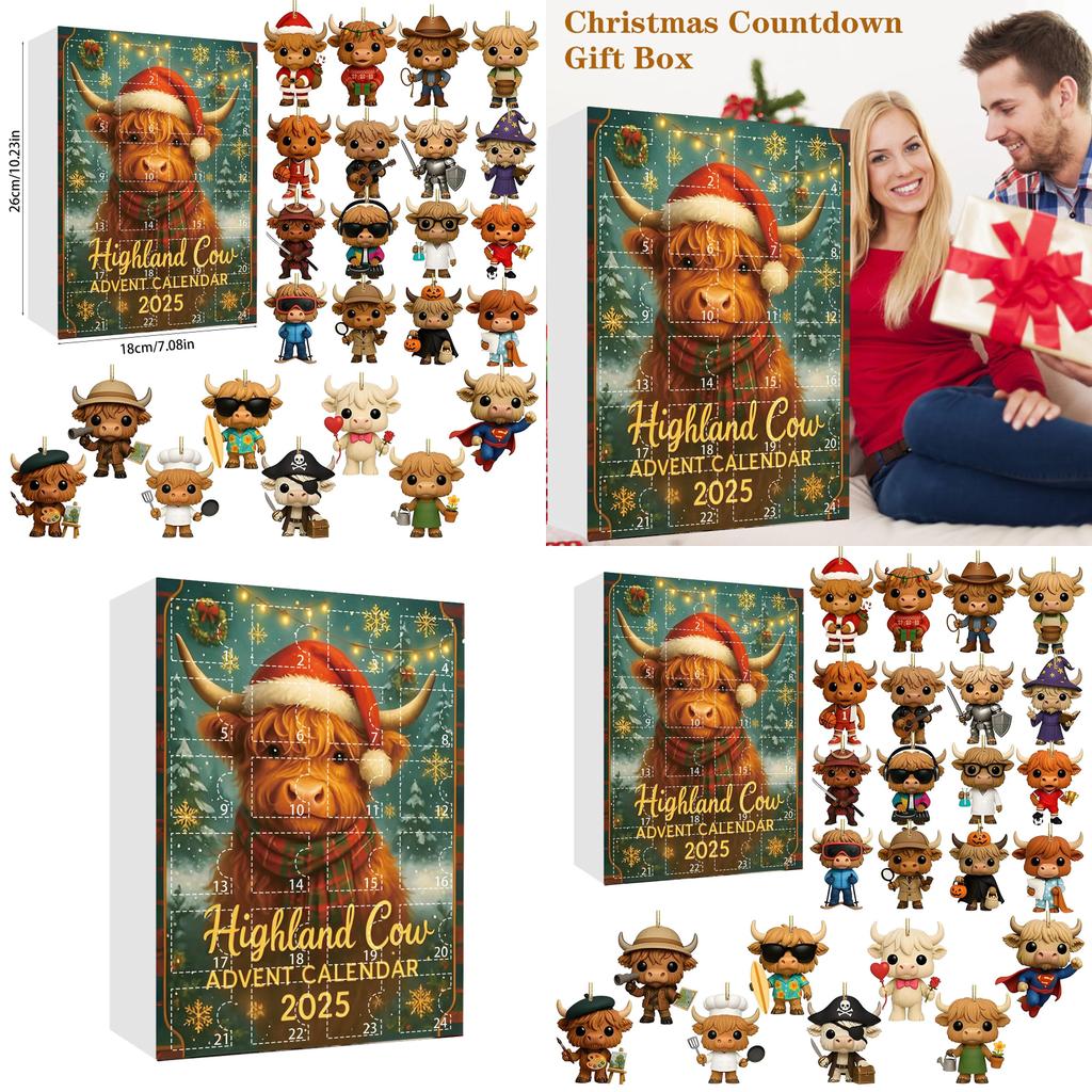 Cow Style Highland Christmas Countdown Calendar Blind Box Acrylic Pendant Decor