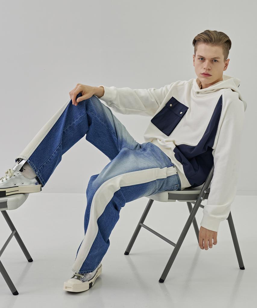 DEMADEN Side Leather Line Wide Pants Blue