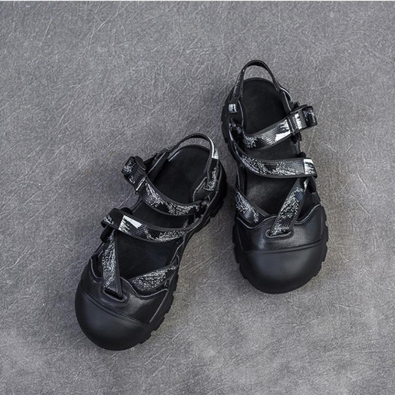 Johnature Leisure Thick Sole Round Toe Sandals Breathable Shallow Hook& Loop Casual Women's Shoes