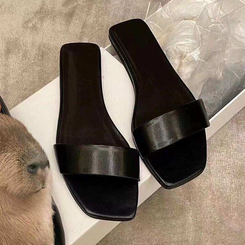Sheepskin version versatile fashion simple one-word slippers wear flat bottom square head high-end open-toed sandals