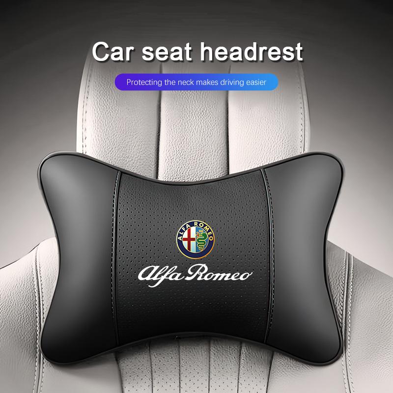 1Pcs Pu Leather Car Neck Pillow Auto Emblem Headrest For Alfa Romeo Giulietta 159 Mito Giulia Stelvio 147 156 Tonale Brera Disco