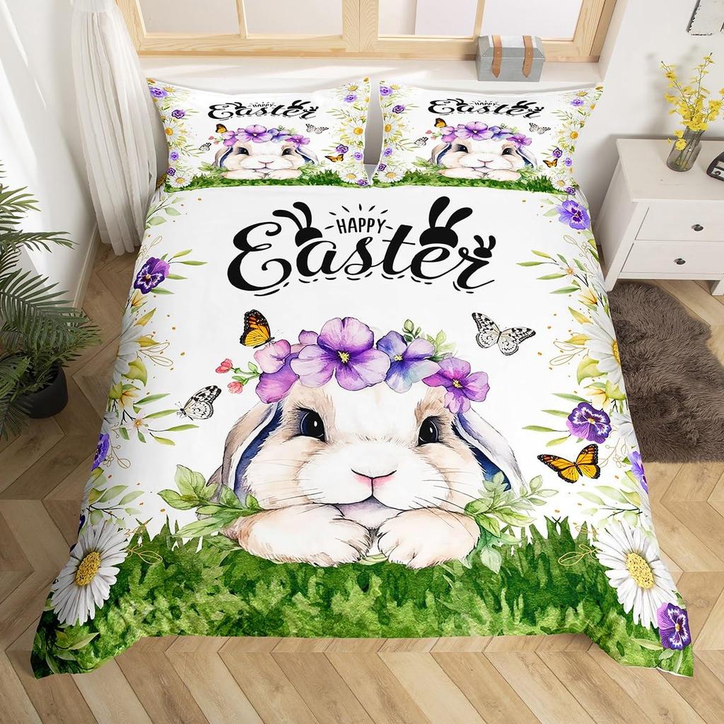Rabbit Comforter Cover Full,Pink Floral Bedding Sets Girls Women Cute Bunny Duvet Cover Bedroom Decor 3Pcs With 2 Pillow Case