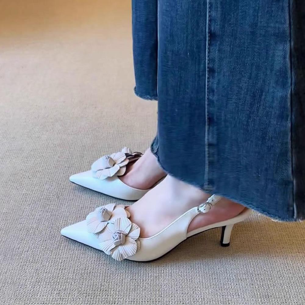 

Floral High Heel Sandals Women s Spring Summer New Style Pointed Toe Slip-On Shoes Velvet Upper Rubber Sole Simple Design 40 бежевий