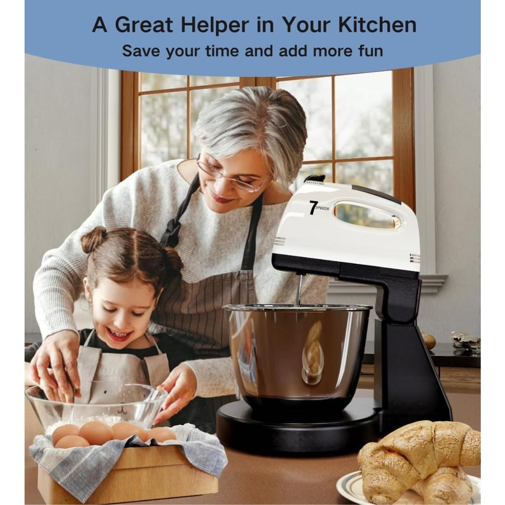 Stand Mixers, 7 Speeds With 3QT Stainless Steel Bowl, Stand and Hand Mixer with Dough Hook, Whisk, Mixing Beater for Baking, Cake, Cookie, Kneading