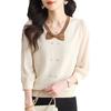 Bow Medium-sleeved Women's Spring and Summer New Chiffon Seven-quarter-sleeved Knitted Top To Cover the Belly and Show Thinness