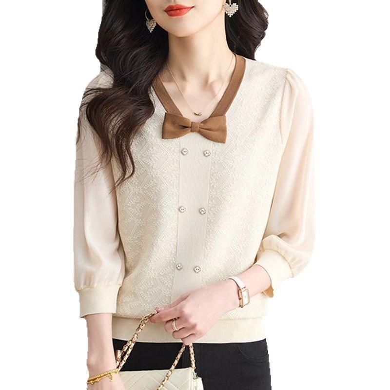 Bow Medium-sleeved Women's Spring and Summer New Chiffon Seven-quarter-sleeved Knitted Top To Cover the Belly and Show Thinness