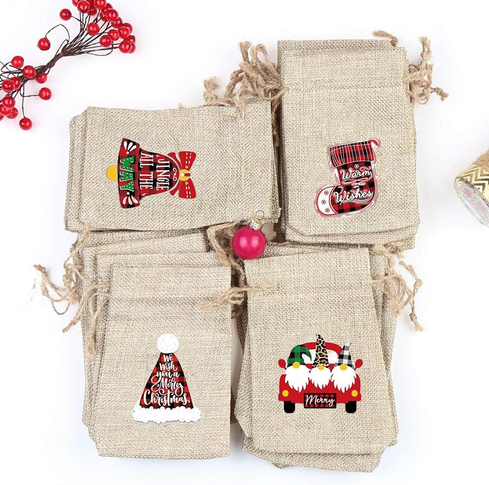 8Psc Christmas Burlap Goody Bags Drawstring Gift Bag Elk Santa Claus Xmas Party Decoration Supplies Christmas Stocking Favors