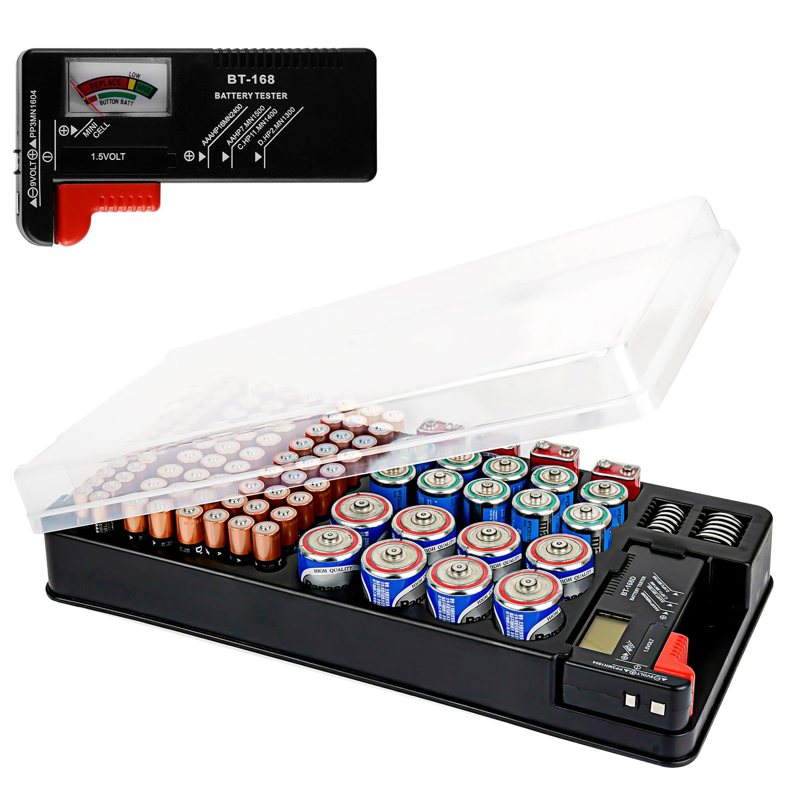 

Linkidea Портативный органайзер для хранения с держателем на 93 батарейки различных совместимых размеров, AAA, AA, 9V, C, и тестером батареек-таблеток