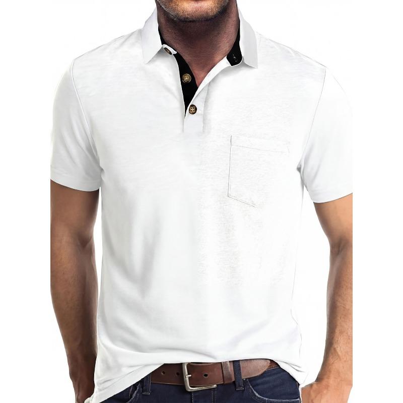 Men's Color Block Button Down Collar Short Sleeve Polo Shirt.