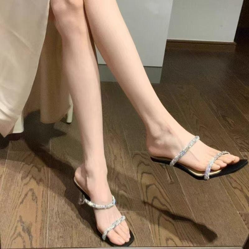 Fashion Versatile Seaside Beach High Heels European Station Rhinestone Thin Heel Cool Slippers Women's Summer Wear 2025 New Models