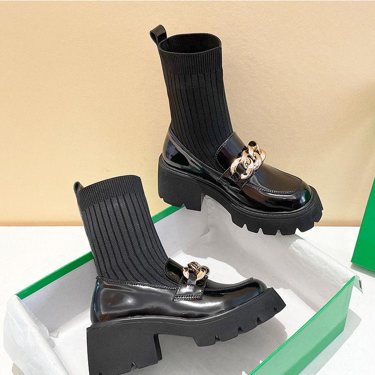 Women's Spring 2025 Chunky Heel Ankle Boots - British Style, Elastic Slimming, Hidden Heel, Sock Boot Design, Suitable for Autumn.