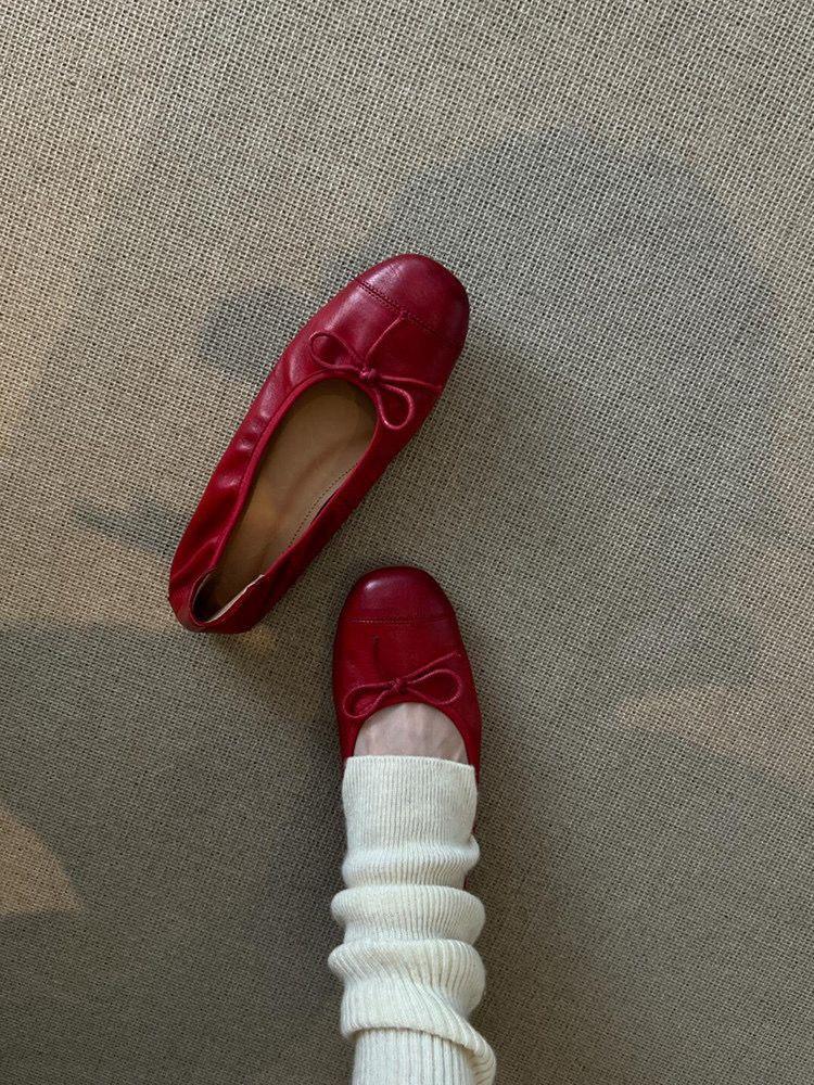 Sheepskin Retro Red Bow Ballet Flats - Women's Low-Cut Slip-On Square Toe Shoes