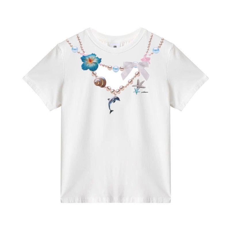 American Spice Girl Shoulder Short Sleeve Women's Summer Necklace Printed White Cotton T-Shirt Slim Skinny Short Top Trend
