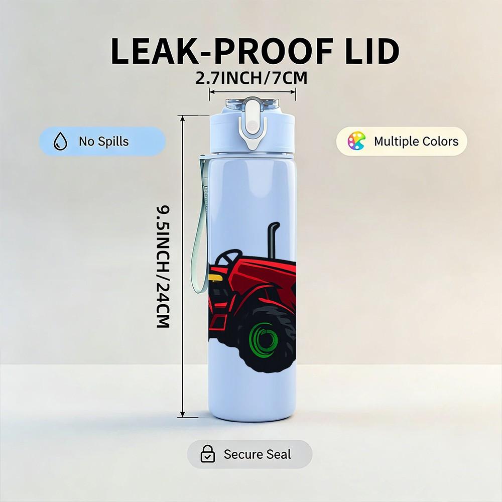 1PC Red Farm Tractor Pattern 750ml Color Plastic Sports Water Bottle Leakproof Flip Straw Lid Suitable for Sports Office Home Use