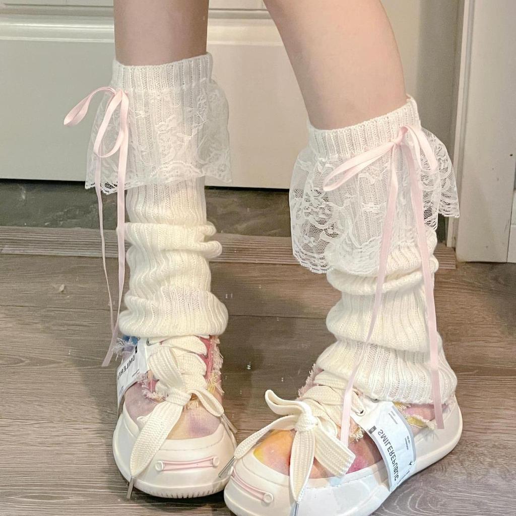 Japanese Lace Bow Knot Leg Warmers, Autumn/Winter Mid-Calf Socks, Academy Style