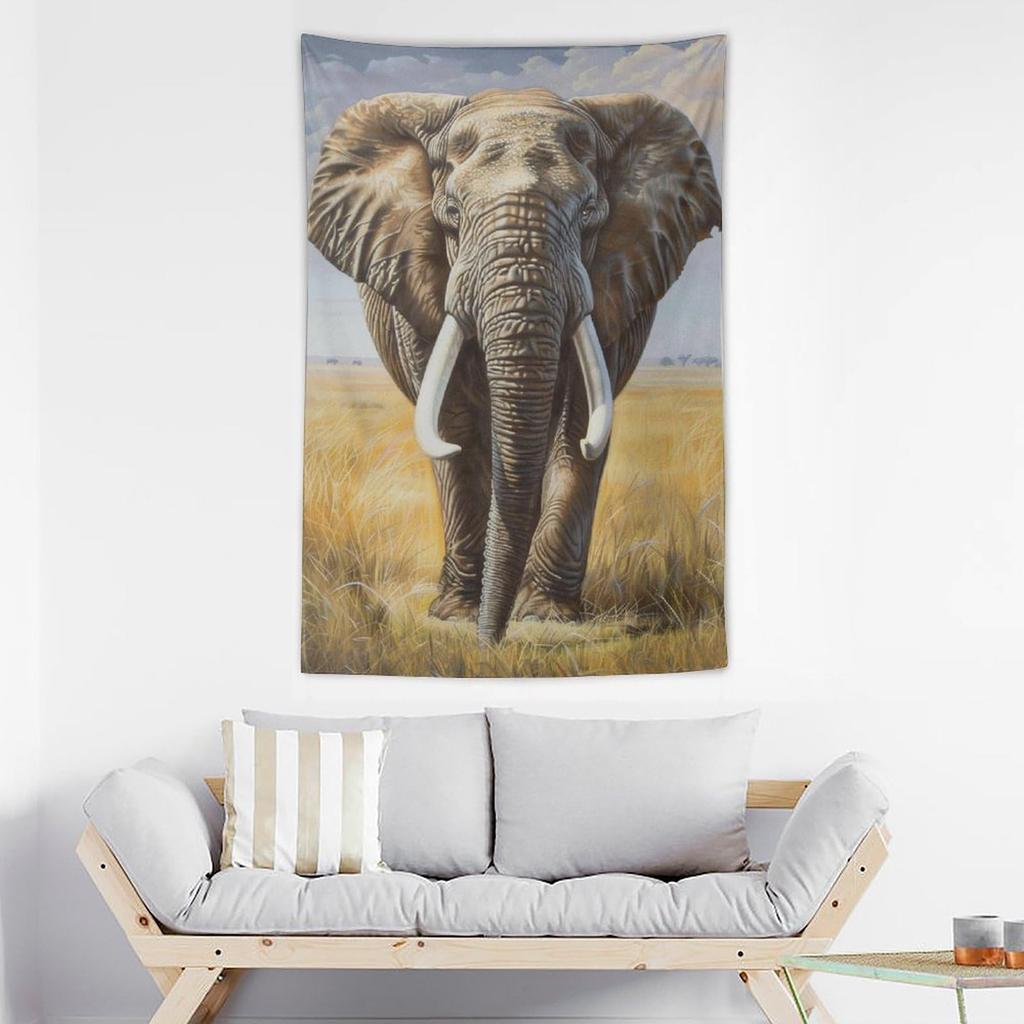 African Savannah Elephant Tapestry Realistic Oil Painting Style Wall Hanging Living Room, Study, Bed & Breakfast Decor