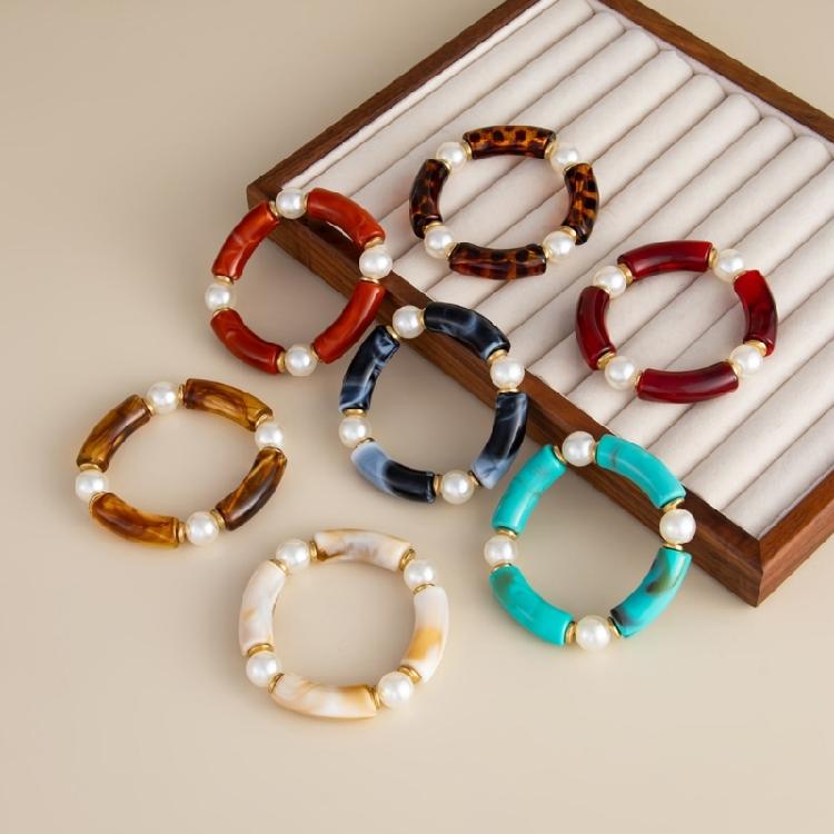 Elegant Resin Bead Elastic Bracelet Marbled Effect Design Comfortable Fit Women Accessory Stretchable Bracelet for Daily