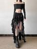 Women's Lace Spliced Skirts Black High Waist Ruffle Irregular Long Skirt Gothic Style Streetwear Summer