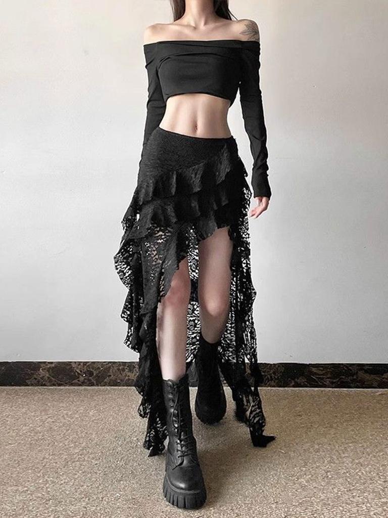 Women's Lace Spliced Skirts Black High Waist Ruffle Irregular Long Skirt Gothic Style Streetwear Summer