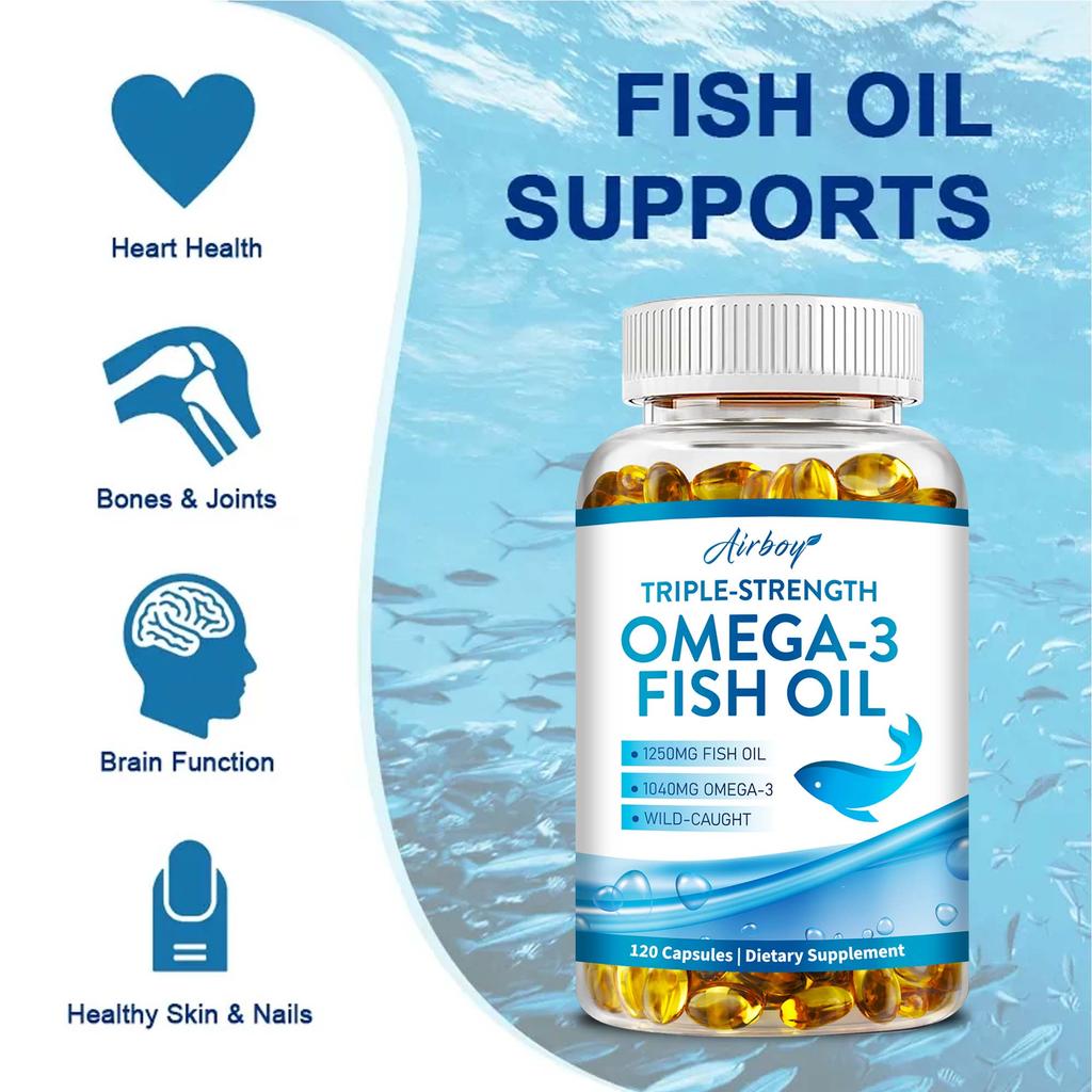 Triple Action Omega-3 Fish Oil Supplement with EPA and DHA - Heart and Brain Health, Memory and Cognition Support