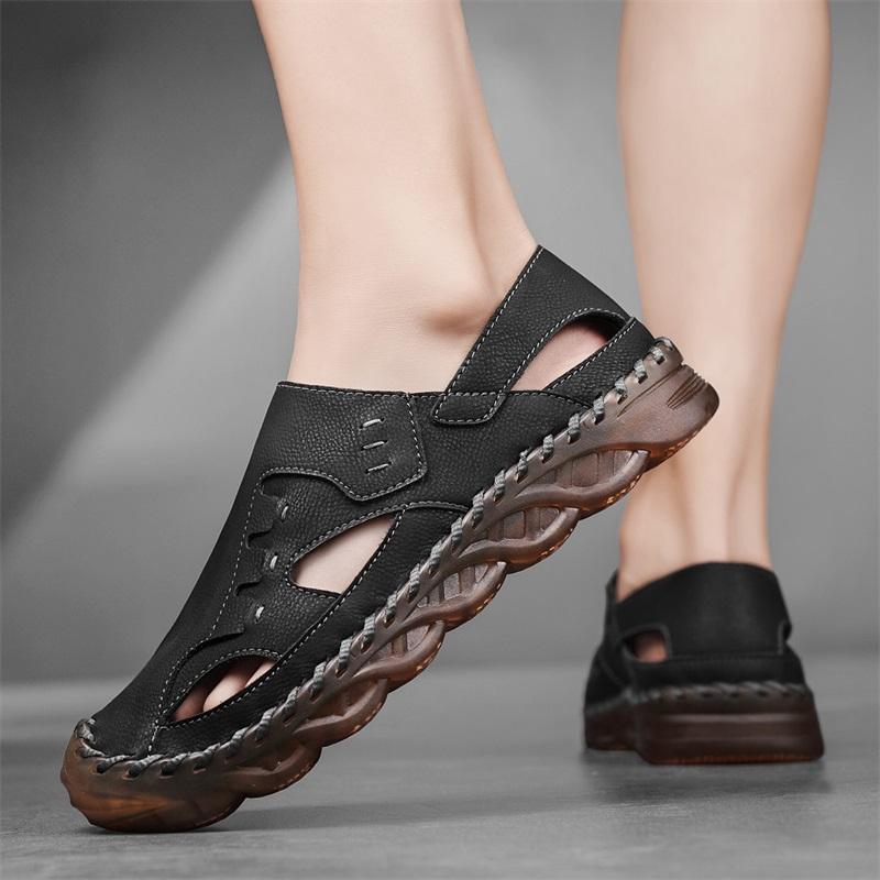 Men Outdoor Hiking Sandals Handmade Flats Black Summer Roman Sandals Retro Wide Leather Beach Shoes Over Sized